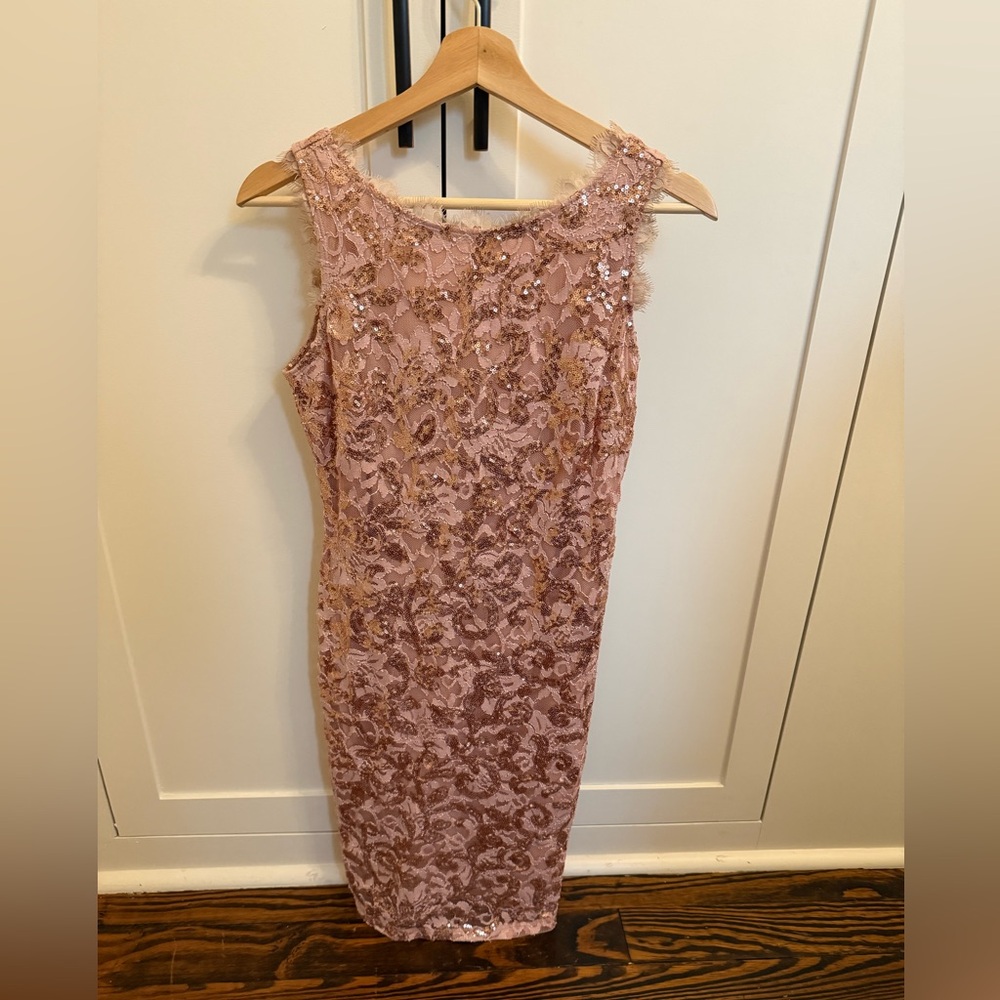 MARINA Pink and Gold Halter Sheath Midi Dress